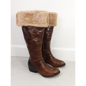 Born Clemens Size 8 Brown Leather Boots Shearling Riding Pull On Knee High